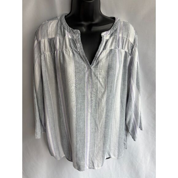 Splendid Striped Linen Blend Popover Top XXL 2XL Lagenlook Coastal White Grey - Picture 2 of 9